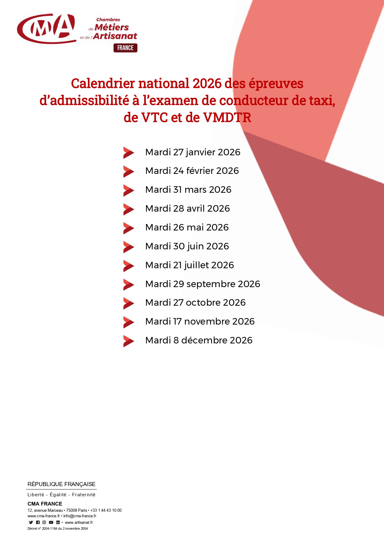 👉 Calendrier national des examens Taxi et VTC 2025